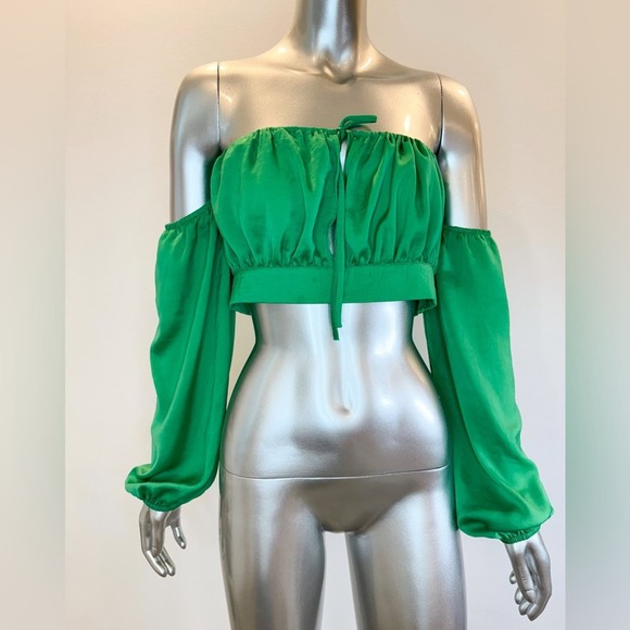 superdown Tops - Superdown crop top green satin off-shoulder balloon sleeve blouse M